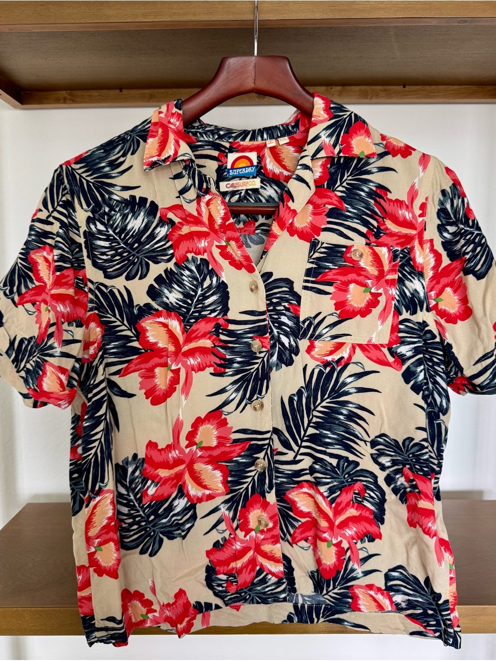 Superdry Red Floral Button-Down Hawaiian Shirt on Tan